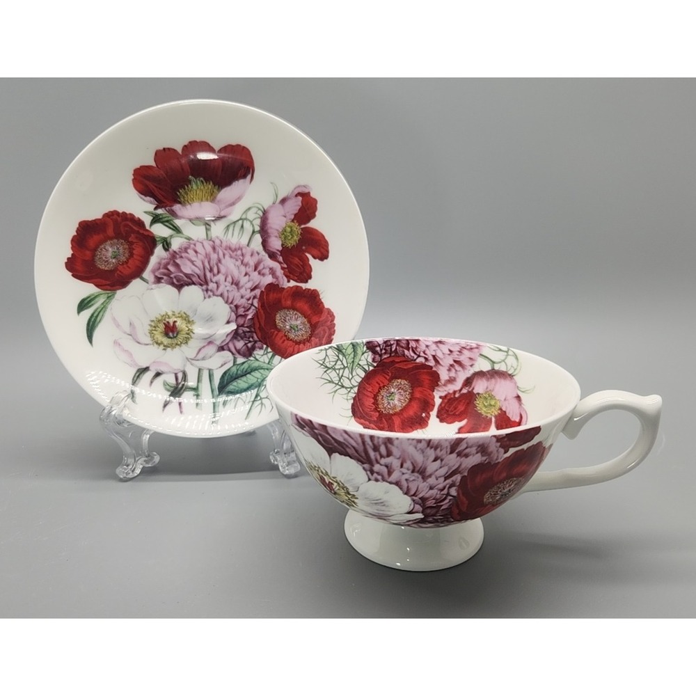 Stechcol Gracie Bone China Teacup & Saucer Red Pink Flowers by Coastline Imports